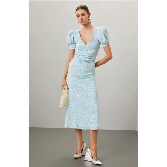 ROTATE Birger Christensen Blue Lace Puff Sleeve Dress Size 14